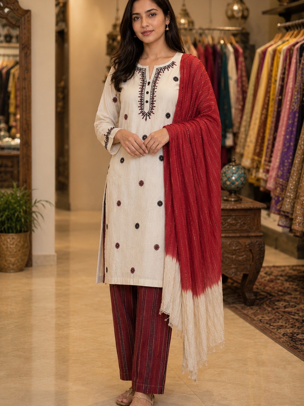 Unbranded Women's Cream Embroidered Kurta with Maroon Striped Palazzo